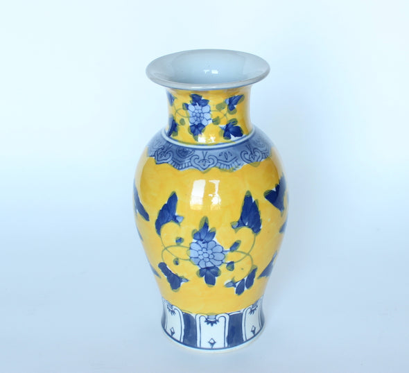 Blue & Yellow Floral Vase  Mid-century to modern hand painted asian vase.  Perfect condition.  Height 205mm / Max Diameter 110mm