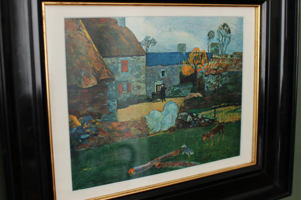 French print of Gauguin’s A Blue Roof (Farm in Pouldu) 1890 in exquisite early 20th century black lacquer frame.  Fully cleaned and restored with new gilt slip, glass &amp; hanging hardware.&nbsp;