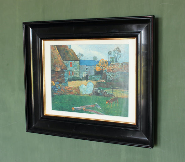 French print of Gauguin’s A Blue Roof (Farm in Pouldu) 1890 in exquisite early 20th century black lacquer frame.  Fully cleaned and restored with new gilt slip, glass &amp; hanging hardware.&nbsp;