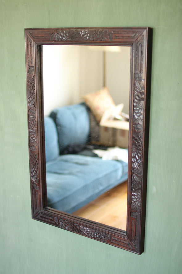 Arts & Crafts Mirror.   Beautiful deep patina to the wood.  Probably rosewood.  Fully restored. Superb condition.   New hanging hardware.   30 x 460 x 704mm