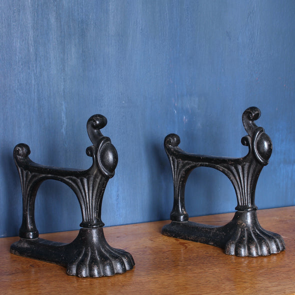 A pair of art nouveau French andirons.  Cast iron.  Great patina, commensurate with age.  Delivery worldwide.  H200 x D205mm x W97mm