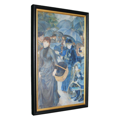 UK National Gallery canvas of Les Parapluies stretched and framed here at Gallery33.  A&nbsp;modest bullnose moulding frame with an ebonised finish showing&nbsp; the wood's grain